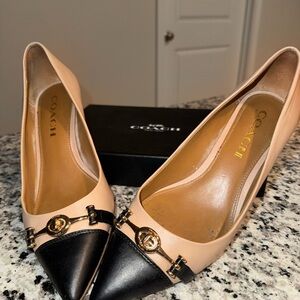 Coach Nude and Black Pointed Toe Leather Pumps with Gold Accent